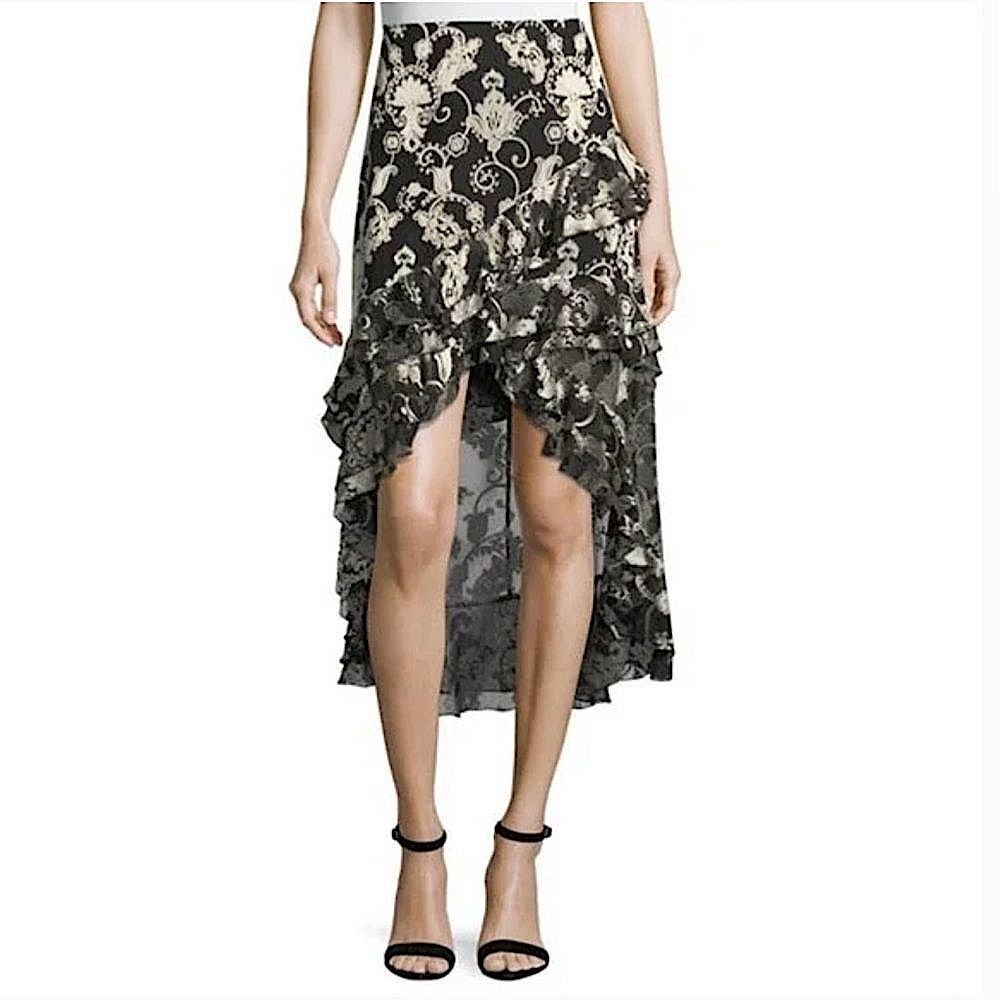 Alice + Olivia Black Velvet Silk Sasha Asymmetrical Tiered Ruffle Hi-Low Size XS